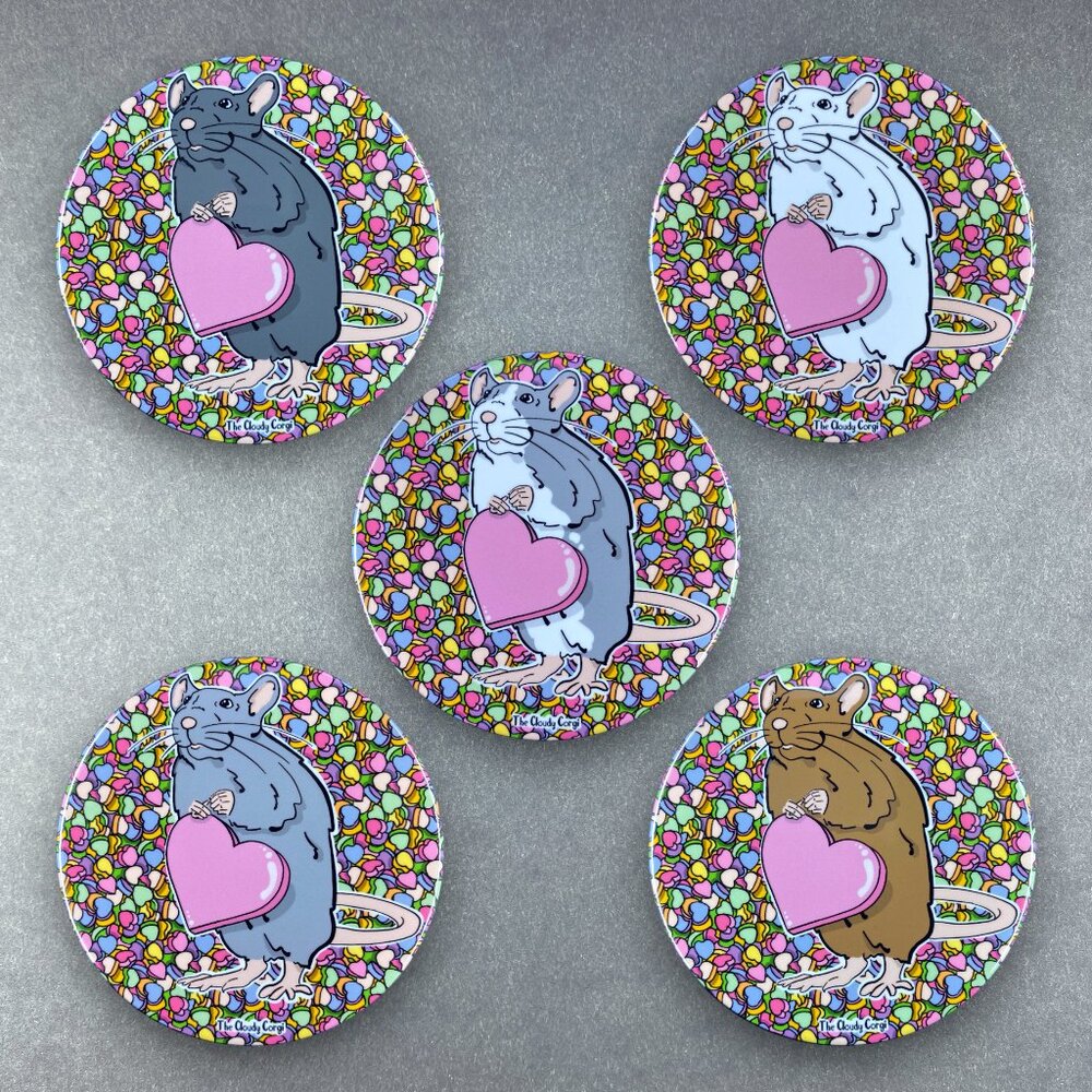 Valentines Day Rat Pin, Magnet, Keychain, Bottle Opener or Mini Ornament